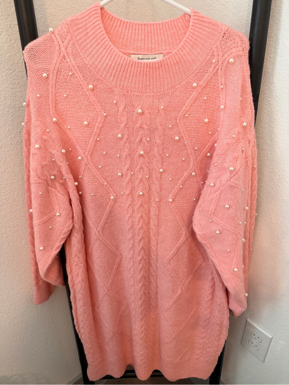 Francesca's Collections Pink Pearl-Embellished Cable Knit Sweater Dress